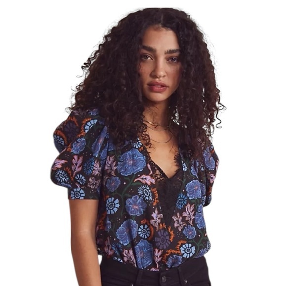 Free People Tops - Free People Bodysuit XS • Floral Puff Sleeve Lace Trim Boho Top